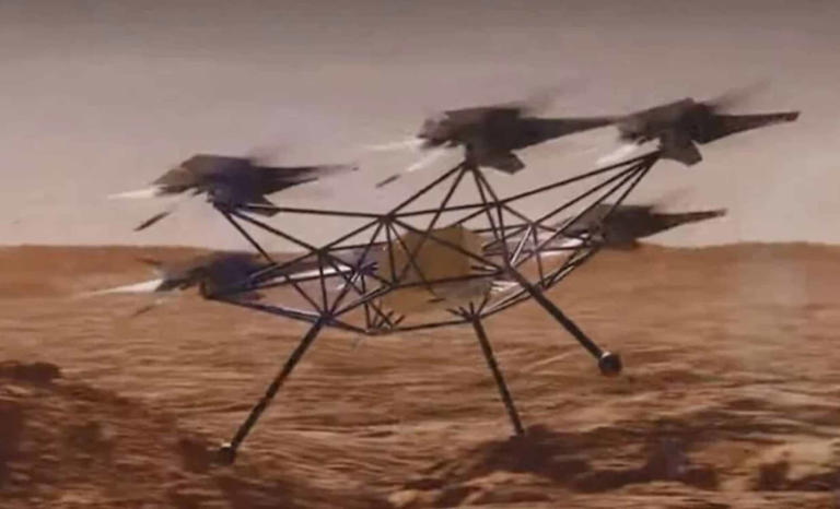 NASA’s Nighthawk Mars helicopter concept flying above Eastern Noctis Labyrinthus, designed to search for signs of past life and future landing sites.